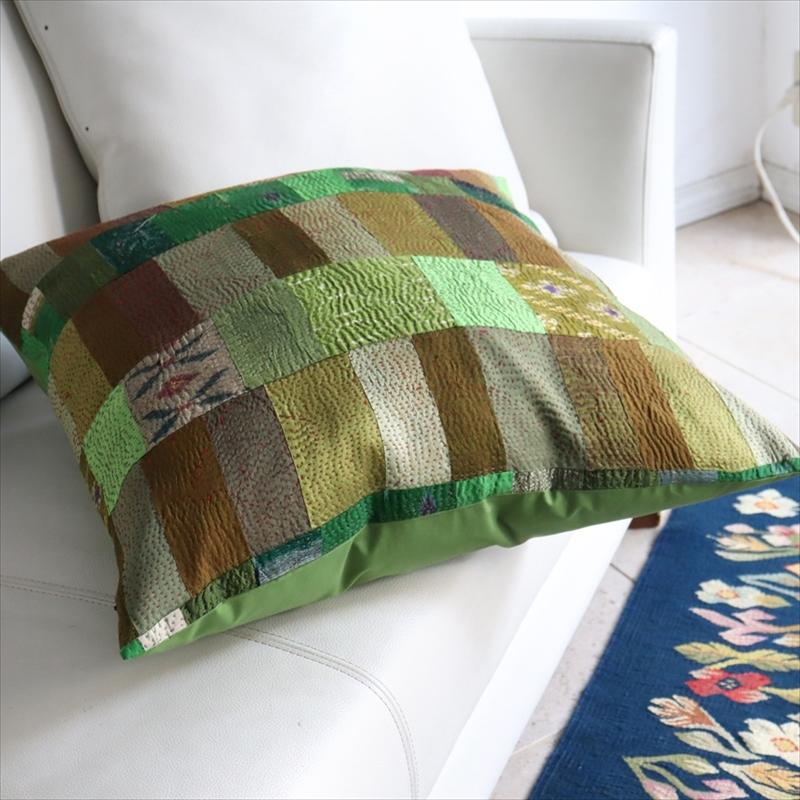 カンタ刺繍　シルク　クッションカバー51×51cmモザイクパッチワーク　グリーングラデーション | ブランド登録なし | 03