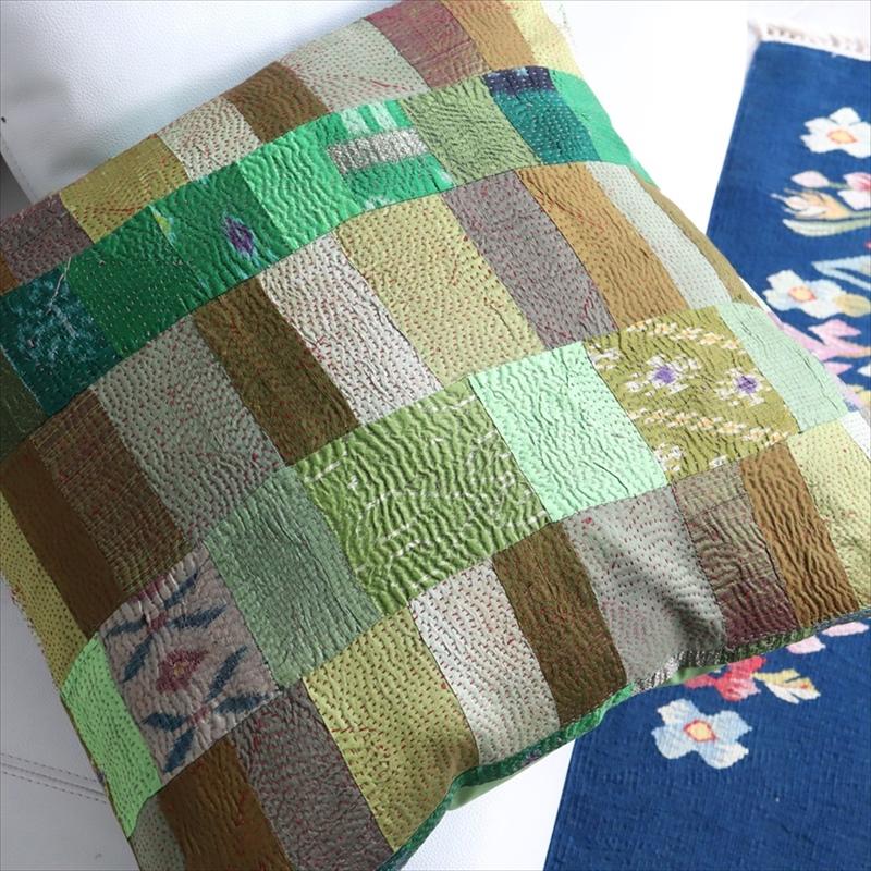カンタ刺繍　シルク　クッションカバー51×51cmモザイクパッチワーク　グリーングラデーション | ブランド登録なし | 04