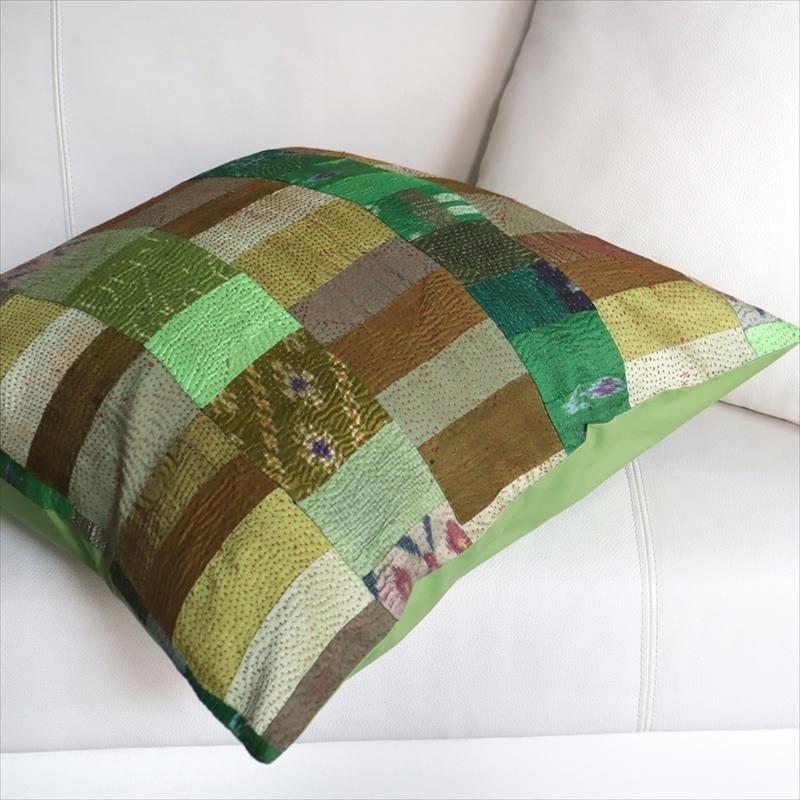 カンタ刺繍　シルク　クッションカバー51×51cmモザイクパッチワーク　グリーングラデーション | ブランド登録なし | 05
