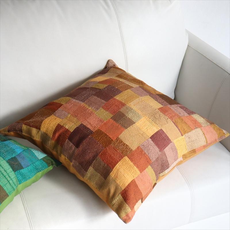 カンタ刺繍　シルク　クッションカバー50×50cmモザイクパッチワーク　ブラウン＆イエロー | ブランド登録なし | 02