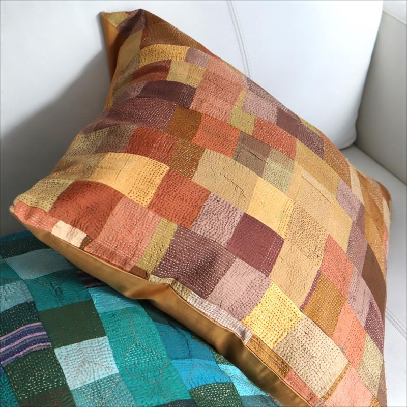 カンタ刺繍　シルク　クッションカバー50×50cmモザイクパッチワーク　ブラウン＆イエロー | ブランド登録なし | 03