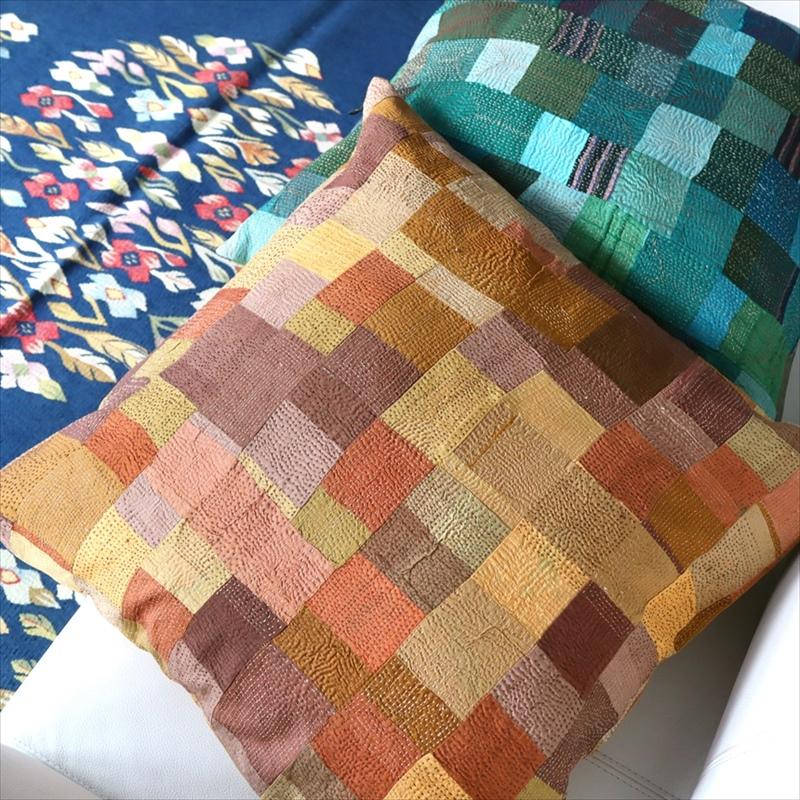 カンタ刺繍　シルク　クッションカバー50×50cmモザイクパッチワーク　ブラウン＆イエロー | ブランド登録なし | 04