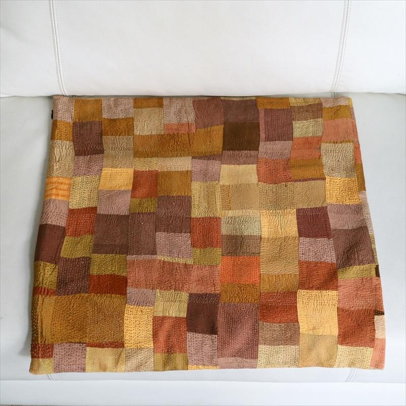 カンタ刺繍　シルク　クッションカバー50×50cmモザイクパッチワーク　ブラウン＆イエロー | ブランド登録なし | 05