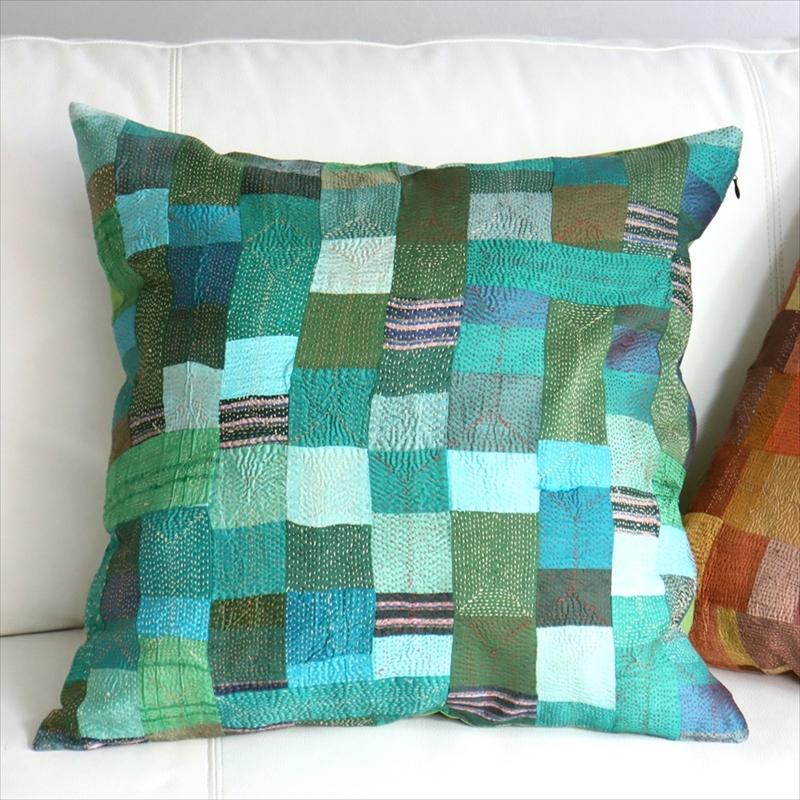 カンタ刺繍　シルク　クッションカバー52×52cmモザイクパッチワーク　グリーングラデーション | ブランド登録なし