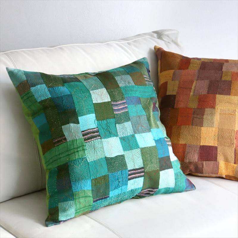 カンタ刺繍　シルク　クッションカバー52×52cmモザイクパッチワーク　グリーングラデーション | ブランド登録なし | 01