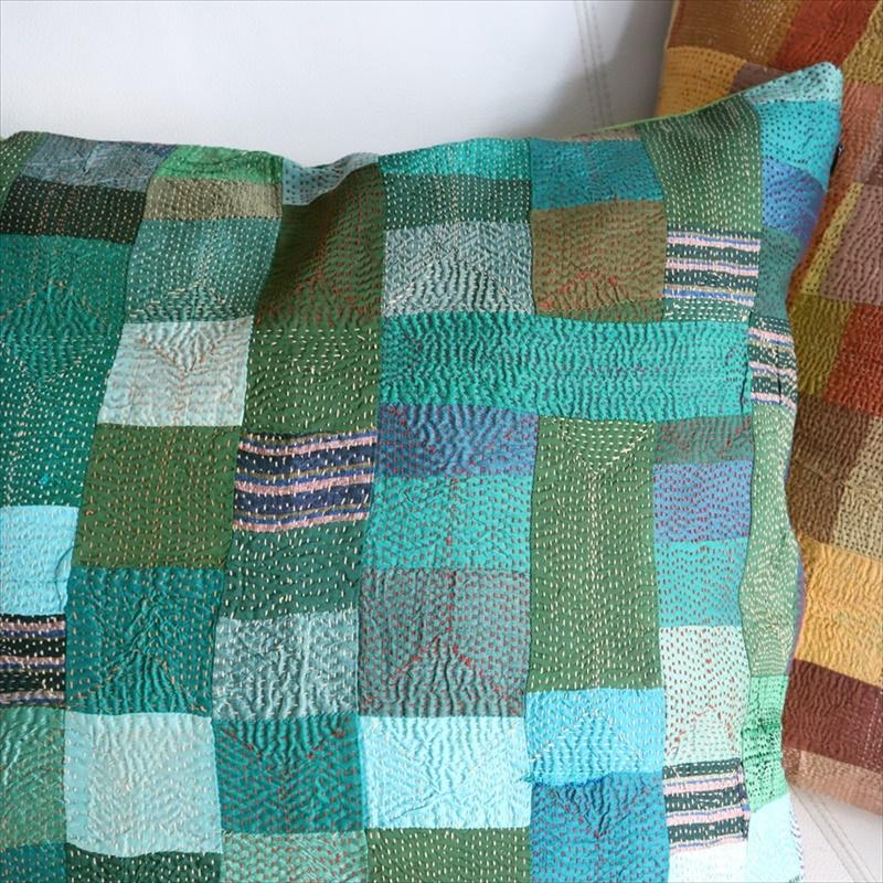 カンタ刺繍　シルク　クッションカバー52×52cmモザイクパッチワーク　グリーングラデーション | ブランド登録なし | 02