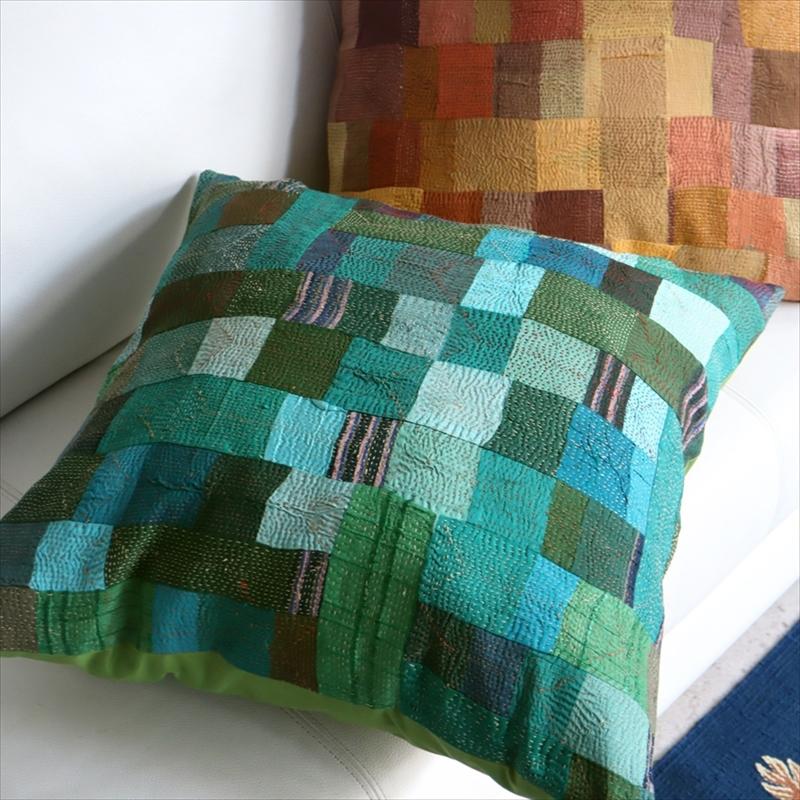 カンタ刺繍　シルク　クッションカバー52×52cmモザイクパッチワーク　グリーングラデーション | ブランド登録なし | 03