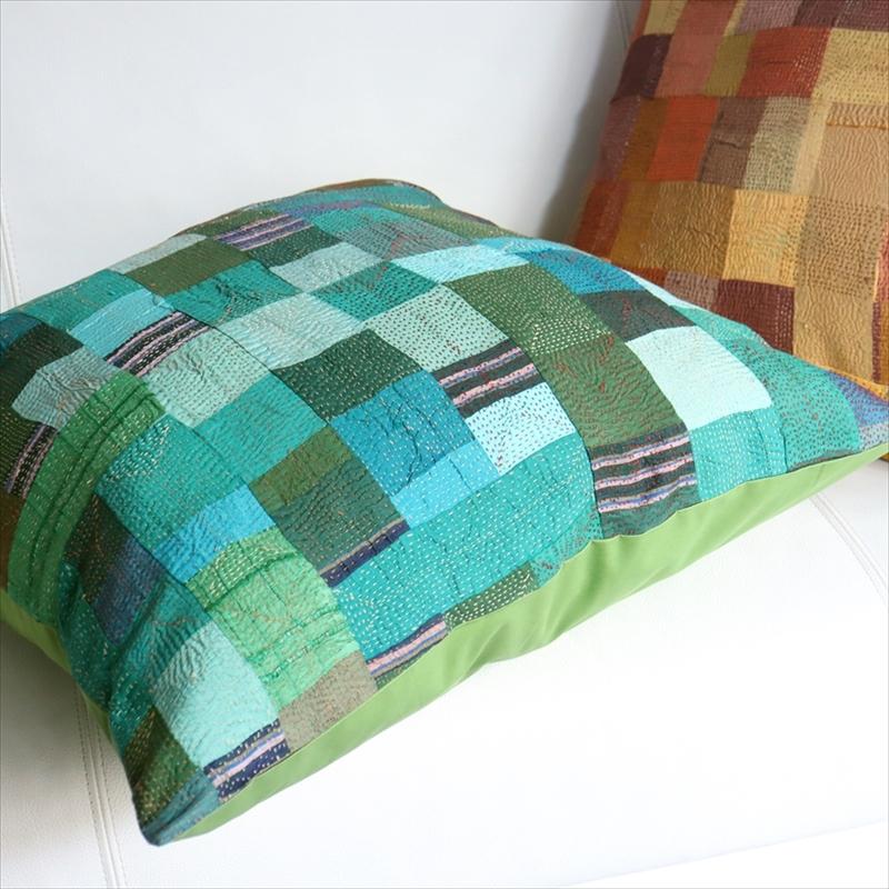 カンタ刺繍　シルク　クッションカバー52×52cmモザイクパッチワーク　グリーングラデーション | ブランド登録なし | 04