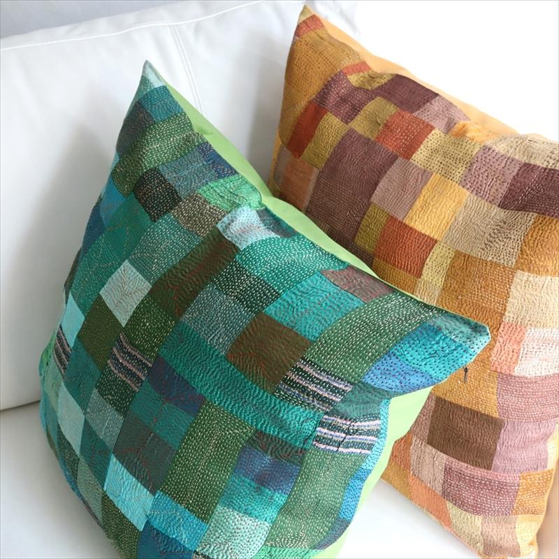 カンタ刺繍　シルク　クッションカバー52×52cmモザイクパッチワーク　グリーングラデーション | ブランド登録なし | 05