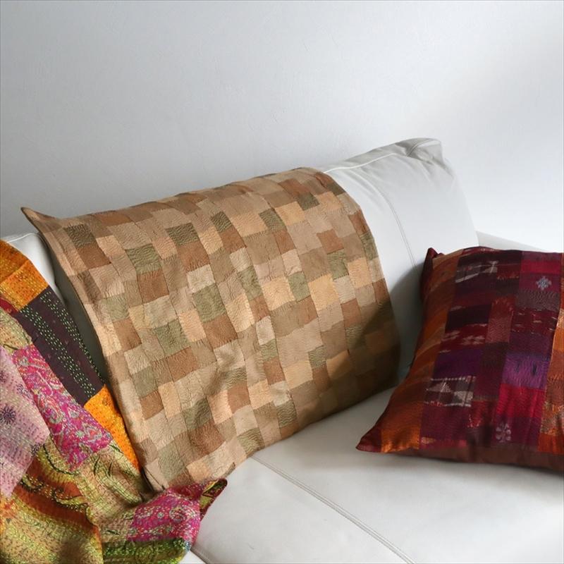 カンタ刺繍　シルク　クッションカバー59×58cmモザイクパッチワーク　ベージュ＆ブラウン | ブランド登録なし | 10
