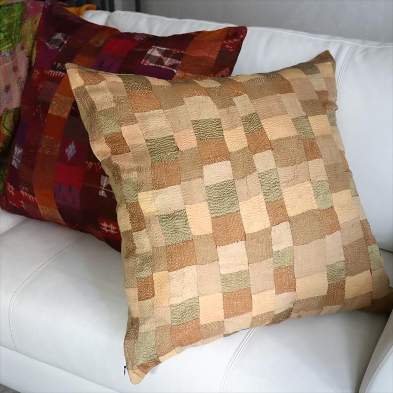カンタ刺繍　シルク　クッションカバー59×58cmモザイクパッチワーク　ベージュ＆ブラウン | ブランド登録なし | 01