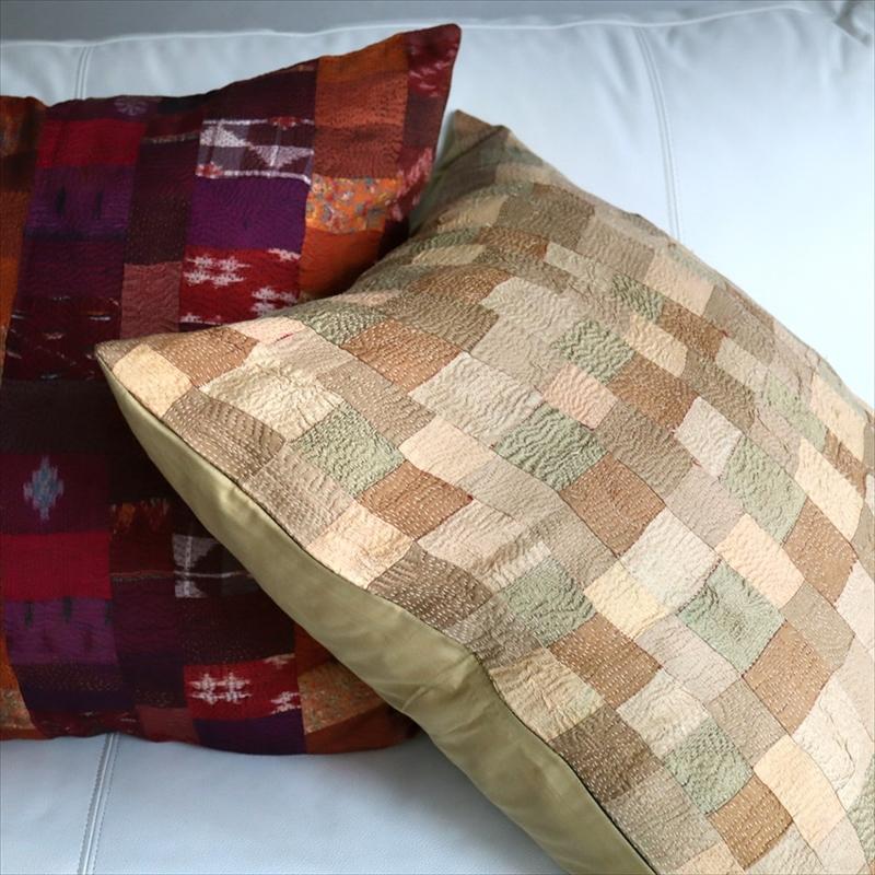 カンタ刺繍　シルク　クッションカバー59×58cmモザイクパッチワーク　ベージュ＆ブラウン | ブランド登録なし | 02
