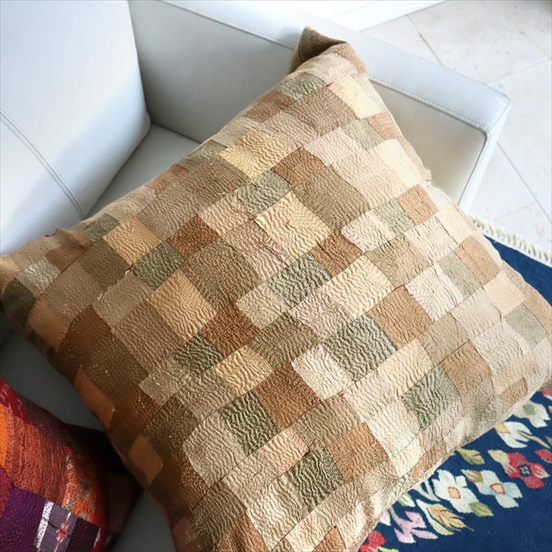 カンタ刺繍　シルク　クッションカバー59×58cmモザイクパッチワーク　ベージュ＆ブラウン | ブランド登録なし | 03