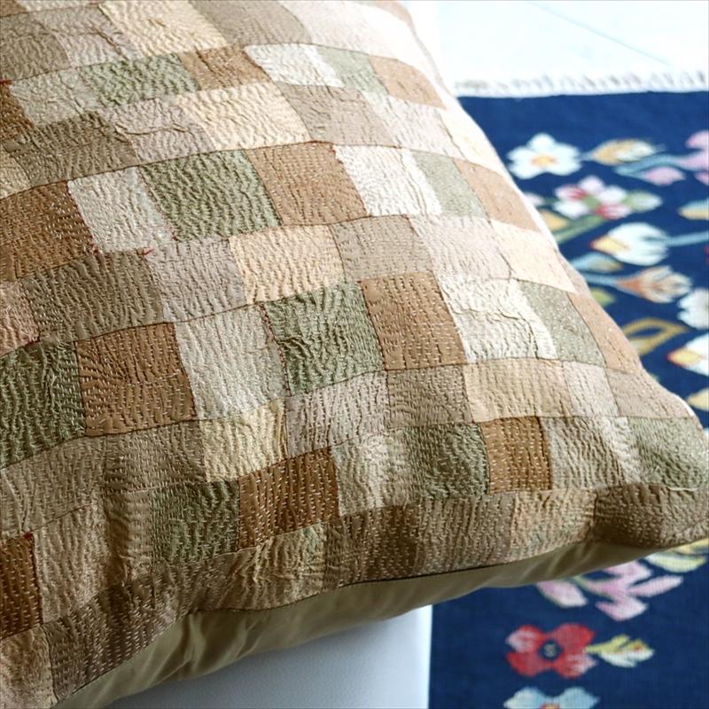 カンタ刺繍　シルク　クッションカバー59×58cmモザイクパッチワーク　ベージュ＆ブラウン | ブランド登録なし | 04
