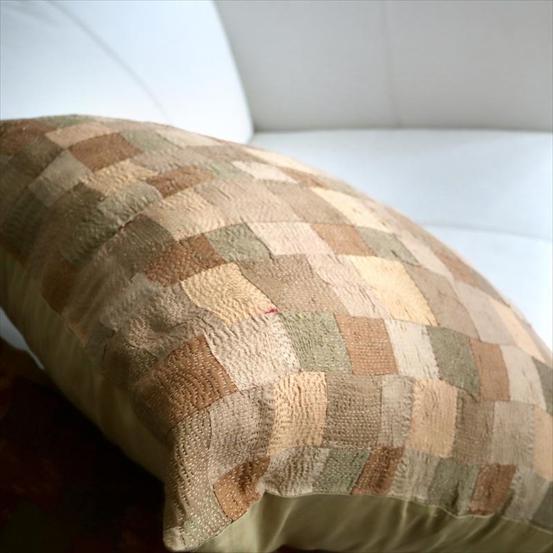 カンタ刺繍　シルク　クッションカバー59×58cmモザイクパッチワーク　ベージュ＆ブラウン | ブランド登録なし | 05
