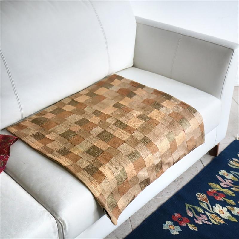 カンタ刺繍　シルク　クッションカバー59×58cmモザイクパッチワーク　ベージュ＆ブラウン | ブランド登録なし | 09
