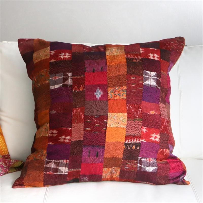 カンタ刺繍　シルク　クッションカバー58×57cmモザイクパッチワーク　ピンクグラデーション | ブランド登録なし