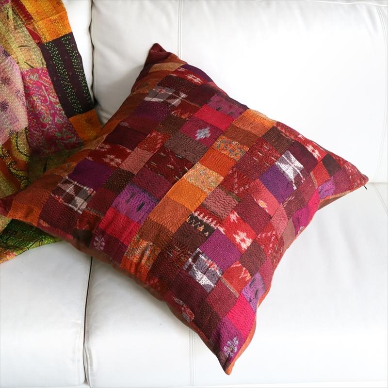 カンタ刺繍　シルク　クッションカバー58×57cmモザイクパッチワーク　ピンクグラデーション | ブランド登録なし | 01