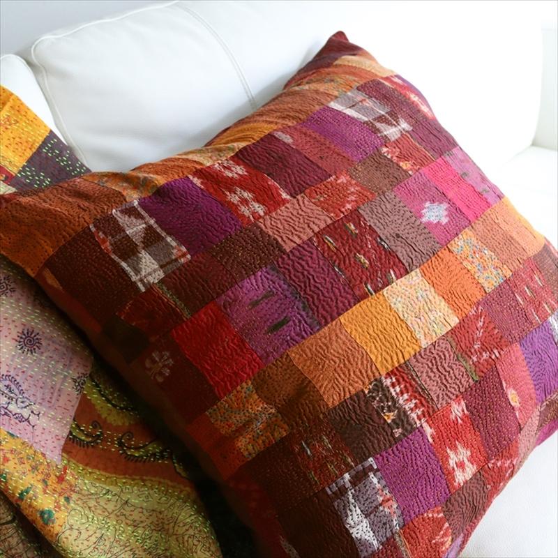 カンタ刺繍　シルク　クッションカバー58×57cmモザイクパッチワーク　ピンクグラデーション | ブランド登録なし | 03