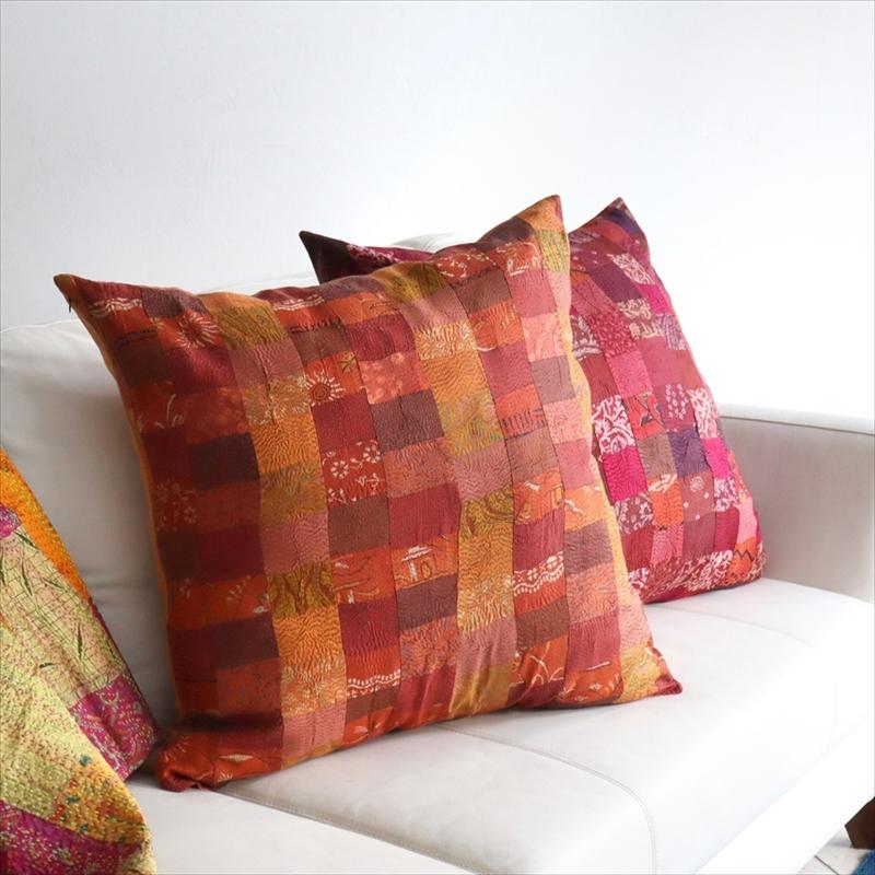 カンタ刺繍　シルク　クッションカバー60×60cmモザイクパッチワーク　オレンジグラデーション | ブランド登録なし | 01