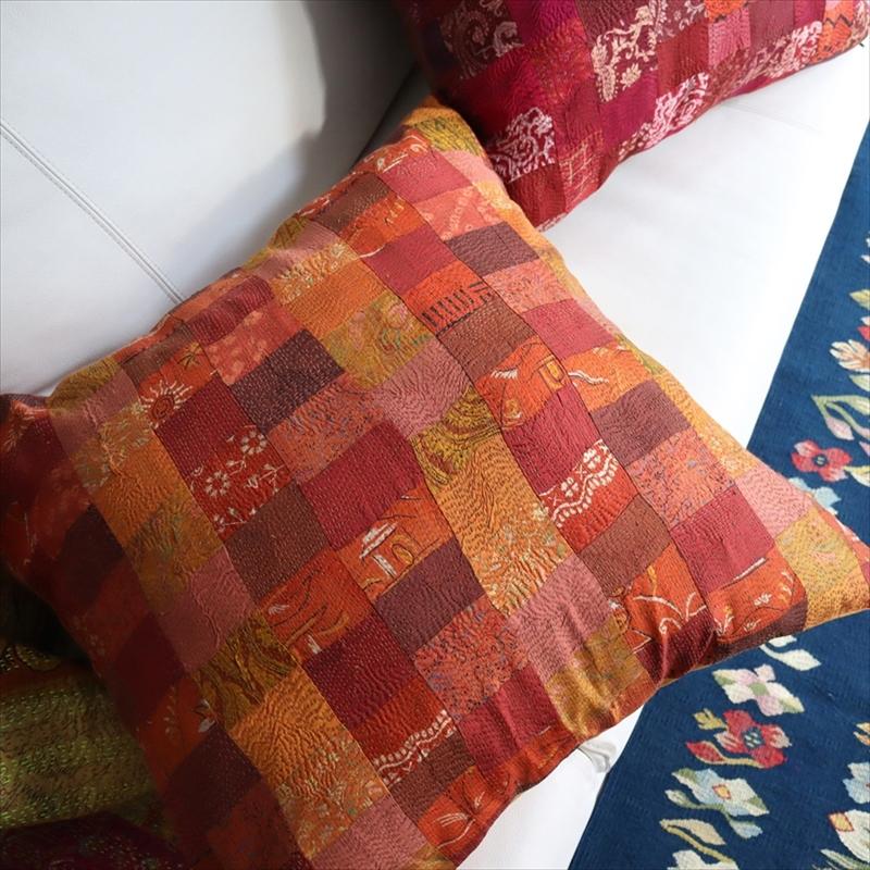 カンタ刺繍　シルク　クッションカバー60×60cmモザイクパッチワーク　オレンジグラデーション | ブランド登録なし | 03