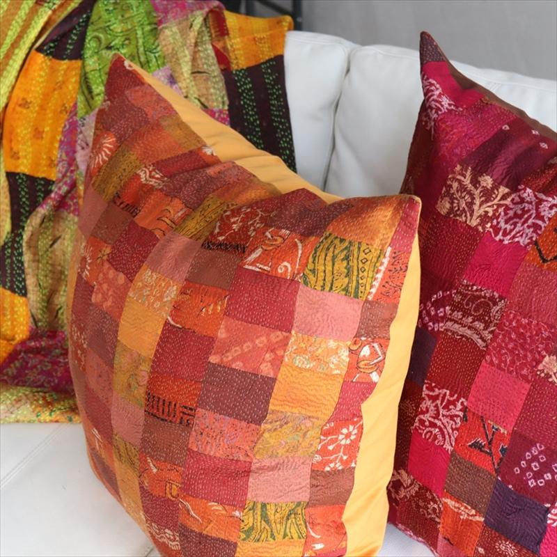 カンタ刺繍　シルク　クッションカバー60×60cmモザイクパッチワーク　オレンジグラデーション | ブランド登録なし | 04