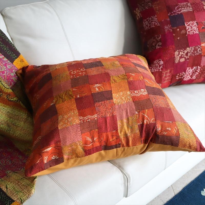 カンタ刺繍　シルク　クッションカバー60×60cmモザイクパッチワーク　オレンジグラデーション | ブランド登録なし | 05