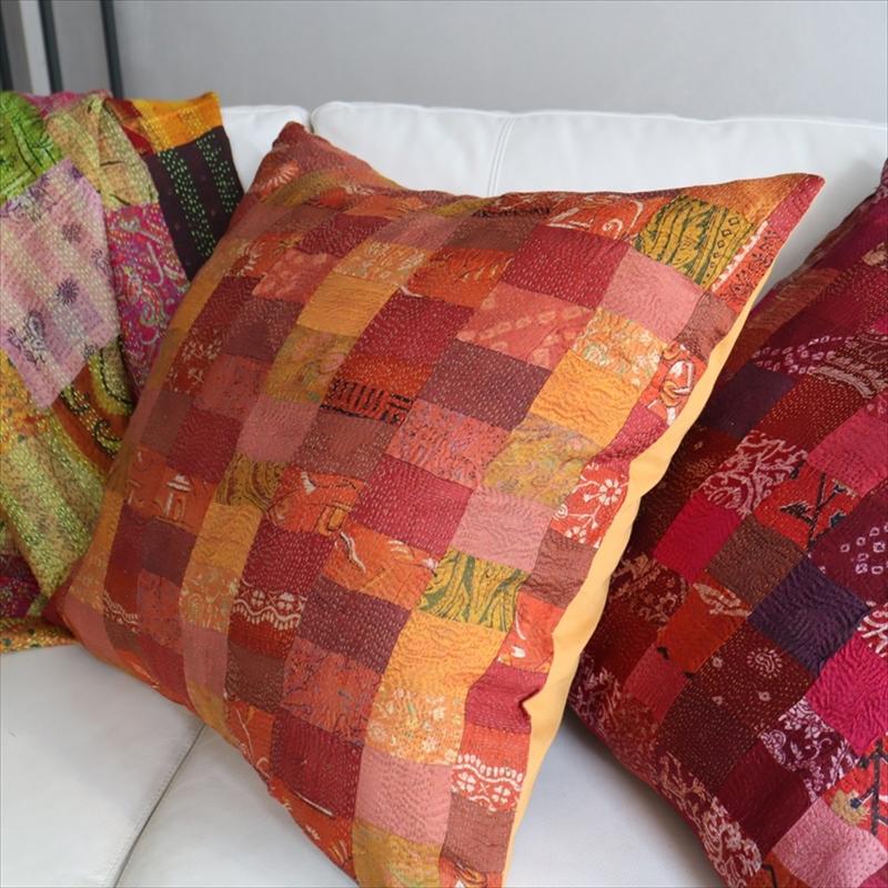 カンタ刺繍　シルク　クッションカバー60×60cmモザイクパッチワーク　オレンジグラデーション | ブランド登録なし | 06