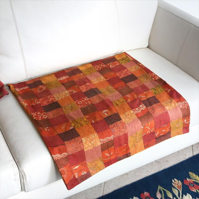 カンタ刺繍　シルク　クッションカバー60×60cmモザイクパッチワーク　オレンジグラデーション | ブランド登録なし | 07