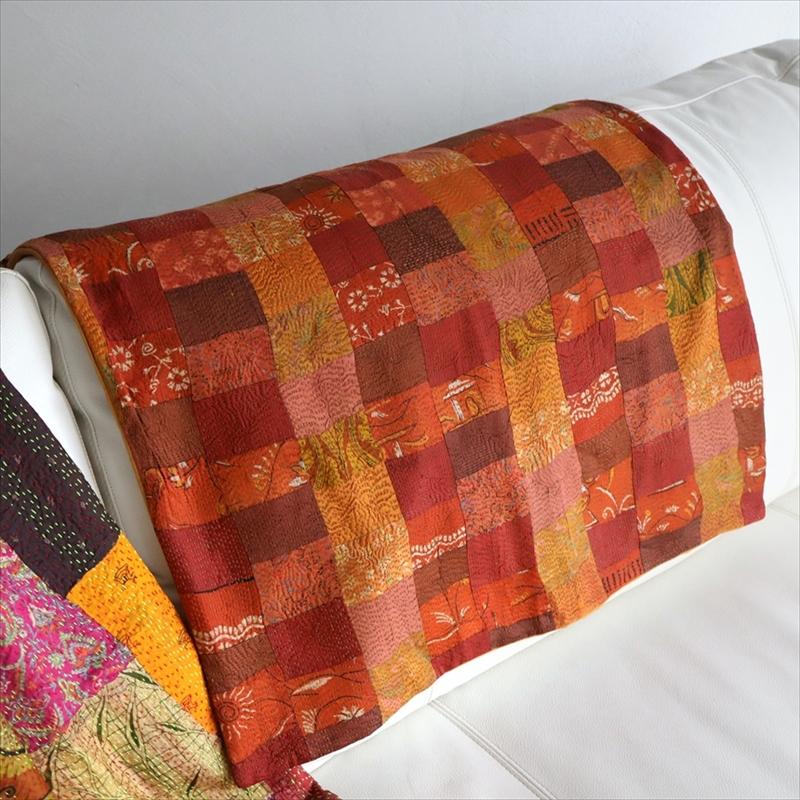 カンタ刺繍　シルク　クッションカバー60×60cmモザイクパッチワーク　オレンジグラデーション | ブランド登録なし | 08