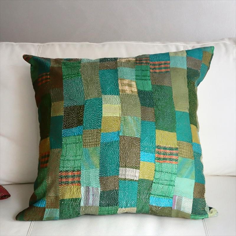 カンタ刺繍　シルク　クッションカバー57×56cmモザイクパッチワーク　グリーングラデーション | ブランド登録なし