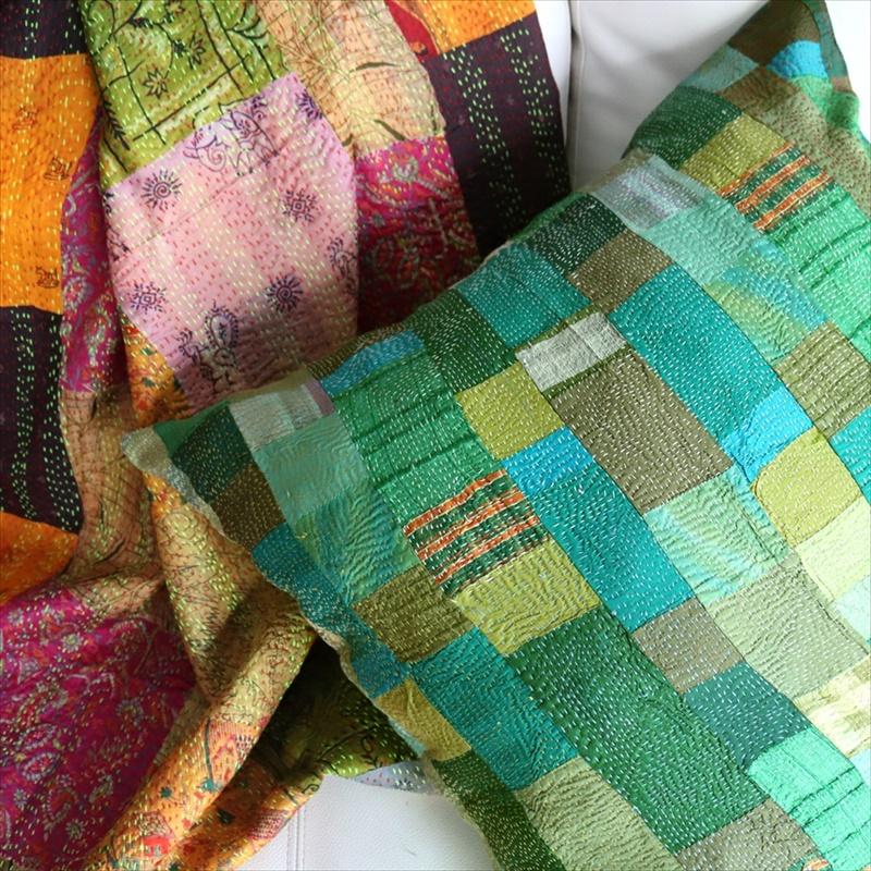 カンタ刺繍　シルク　クッションカバー57×56cmモザイクパッチワーク　グリーングラデーション | ブランド登録なし | 02