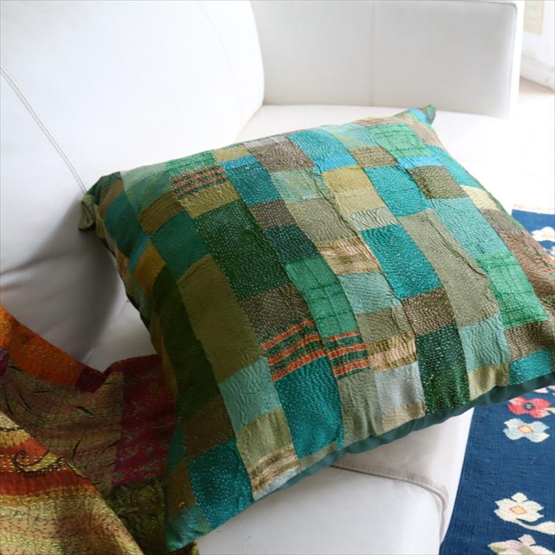 カンタ刺繍　シルク　クッションカバー57×56cmモザイクパッチワーク　グリーングラデーション | ブランド登録なし | 03
