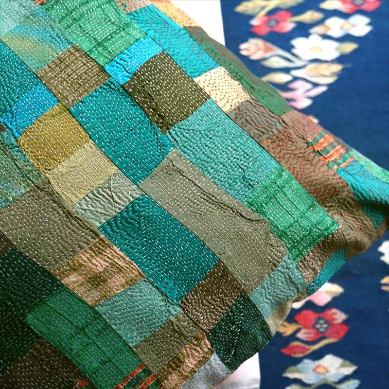 カンタ刺繍　シルク　クッションカバー57×56cmモザイクパッチワーク　グリーングラデーション | ブランド登録なし | 04