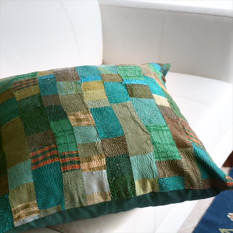 カンタ刺繍　シルク　クッションカバー57×56cmモザイクパッチワーク　グリーングラデーション | ブランド登録なし | 05
