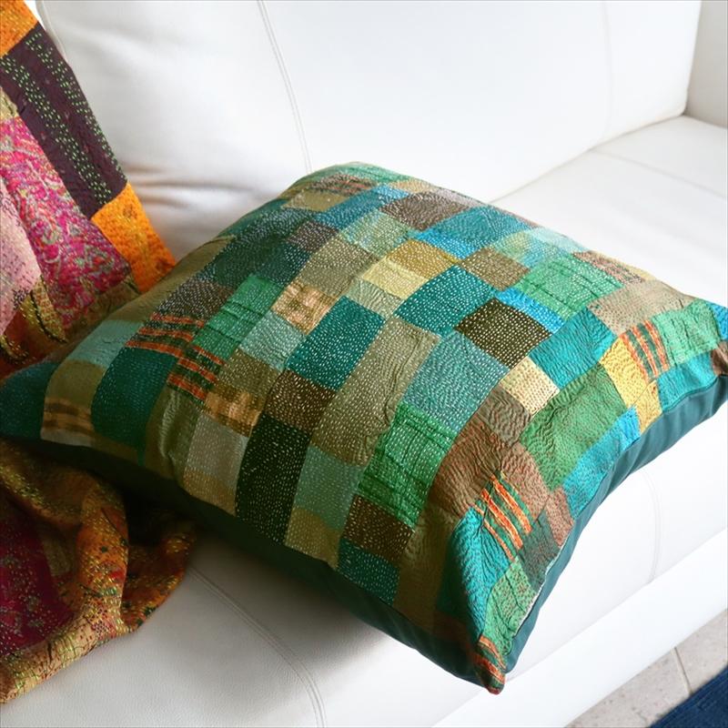 カンタ刺繍　シルク　クッションカバー57×56cmモザイクパッチワーク　グリーングラデーション | ブランド登録なし | 06