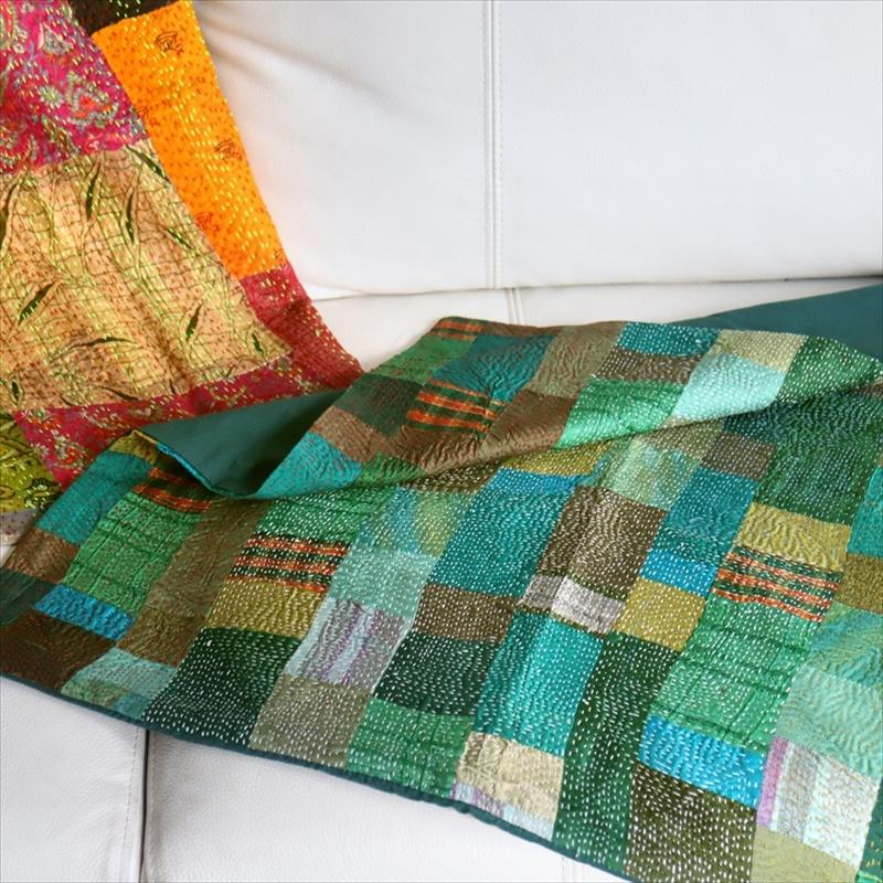 カンタ刺繍　シルク　クッションカバー57×56cmモザイクパッチワーク　グリーングラデーション | ブランド登録なし | 08