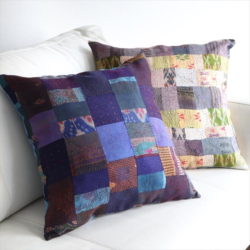 カンタ刺繍　シルク　クッションカバー51×50cmモザイクパッチワーク　パープルモザイク | ブランド登録なし | 01