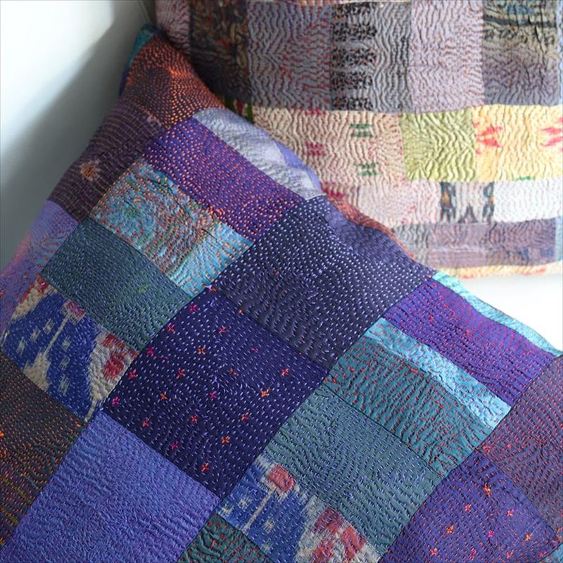 カンタ刺繍　シルク　クッションカバー51×50cmモザイクパッチワーク　パープルモザイク | ブランド登録なし | 02