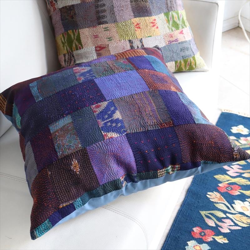 カンタ刺繍　シルク　クッションカバー51×50cmモザイクパッチワーク　パープルモザイク | ブランド登録なし | 03