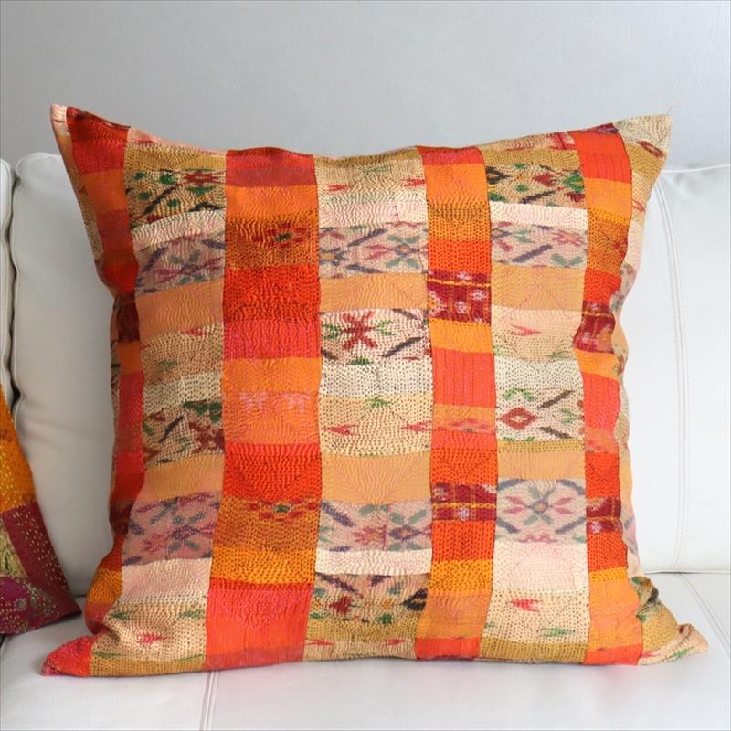 カンタ刺繍　シルク　クッションカバー60×60cmモザイクパッチワーク　オレンジグラデーション | ブランド登録なし