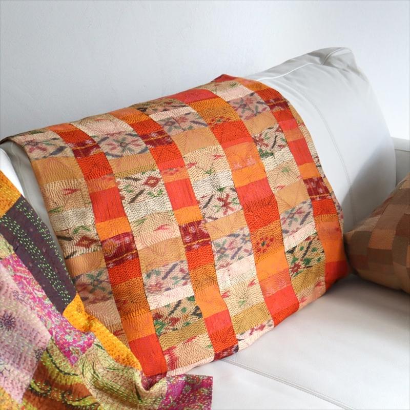 カンタ刺繍　シルク　クッションカバー60×60cmモザイクパッチワーク　オレンジグラデーション | ブランド登録なし | 10