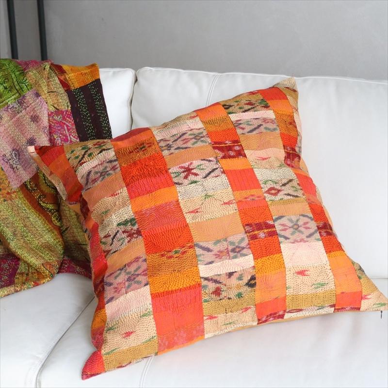 カンタ刺繍　シルク　クッションカバー60×60cmモザイクパッチワーク　オレンジグラデーション | ブランド登録なし | 01