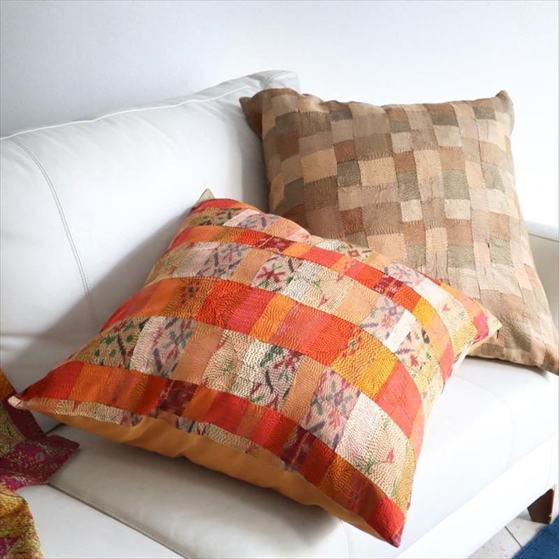 カンタ刺繍　シルク　クッションカバー60×60cmモザイクパッチワーク　オレンジグラデーション | ブランド登録なし | 02