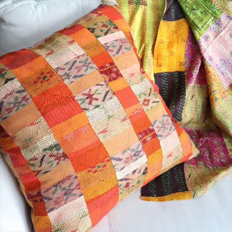 カンタ刺繍　シルク　クッションカバー60×60cmモザイクパッチワーク　オレンジグラデーション | ブランド登録なし | 04