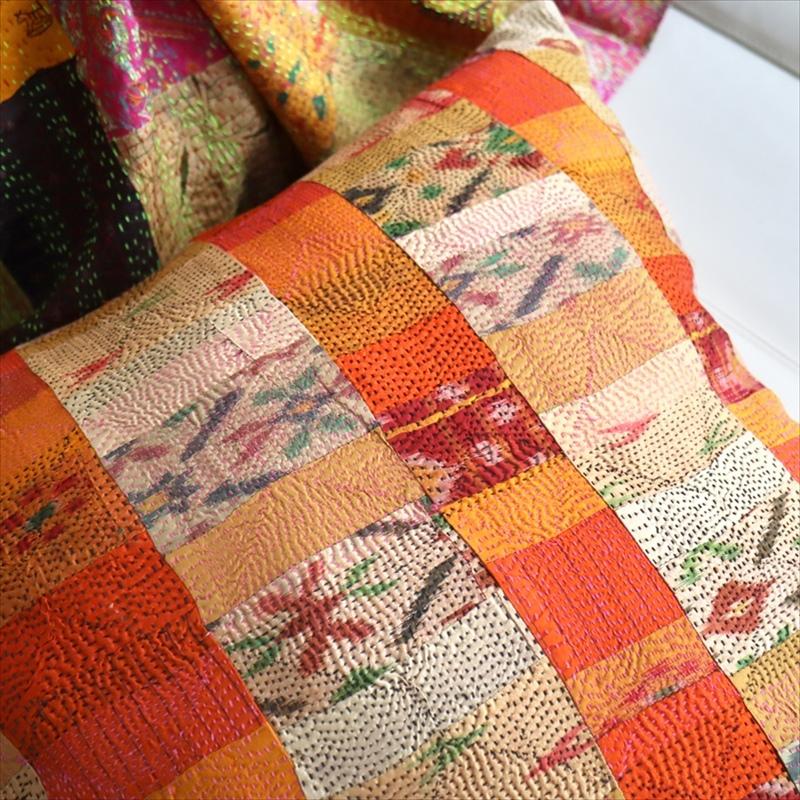 カンタ刺繍　シルク　クッションカバー60×60cmモザイクパッチワーク　オレンジグラデーション | ブランド登録なし | 06