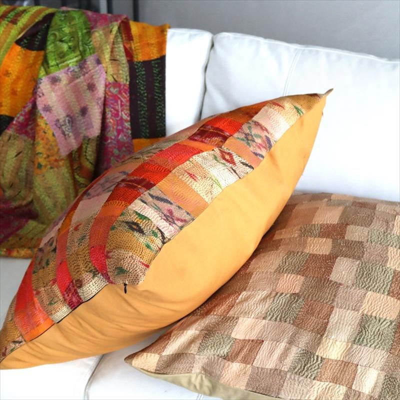 カンタ刺繍　シルク　クッションカバー60×60cmモザイクパッチワーク　オレンジグラデーション | ブランド登録なし | 07
