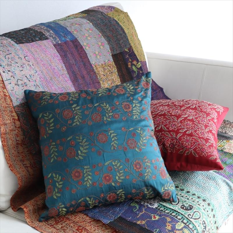 カンタ刺繍　シルク　クッションカバー39×39cmブルーグリーン　フラワートレリス | ブランド登録なし | 01