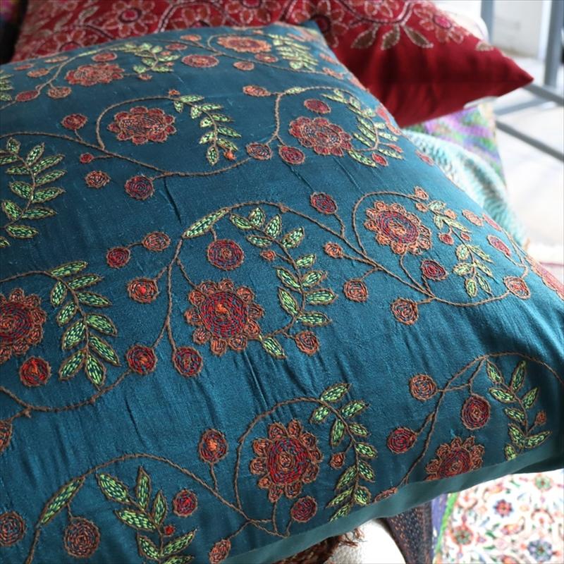 カンタ刺繍　シルク　クッションカバー39×39cmブルーグリーン　フラワートレリス | ブランド登録なし | 02