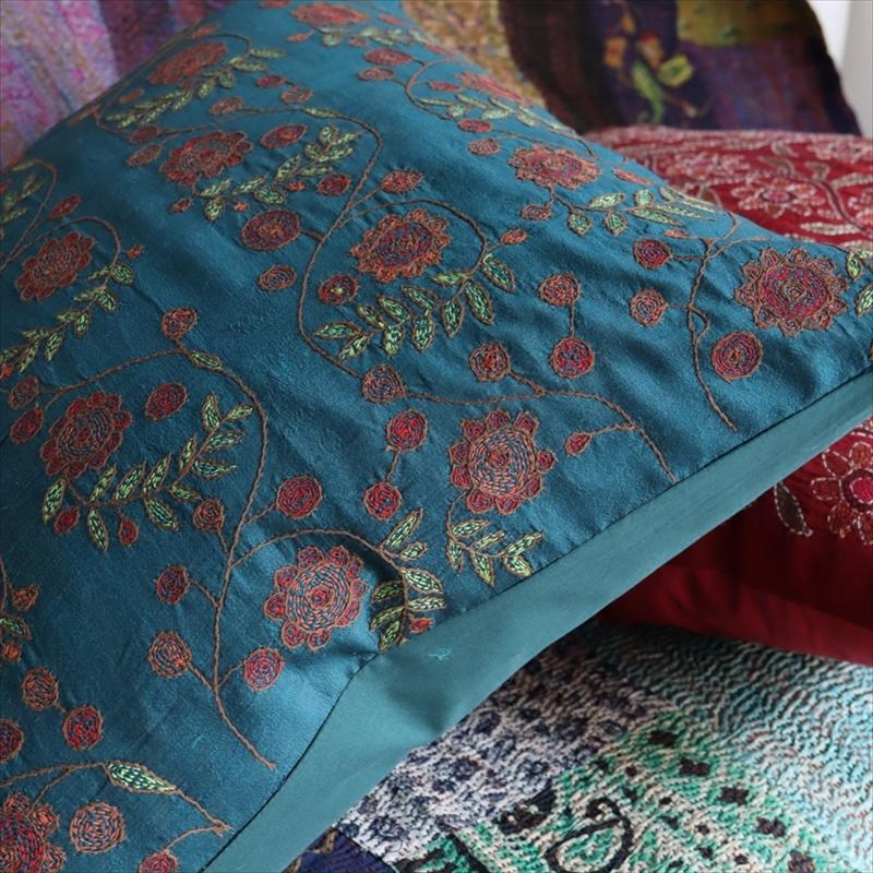 カンタ刺繍　シルク　クッションカバー39×39cmブルーグリーン　フラワートレリス | ブランド登録なし | 03